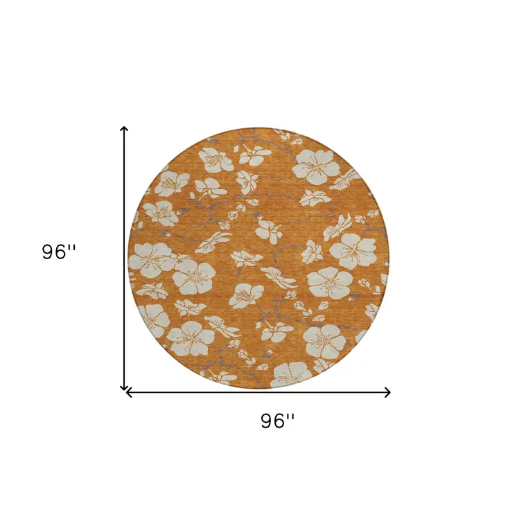 8' Copper Beige And Brown Round Floral Washable Indoor Outdoor Area Rug