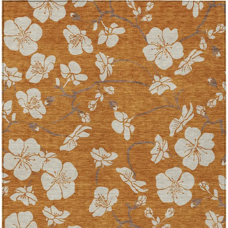9' X 12' Copper Beige And Brown Floral Washable Indoor Outdoor Area Rug