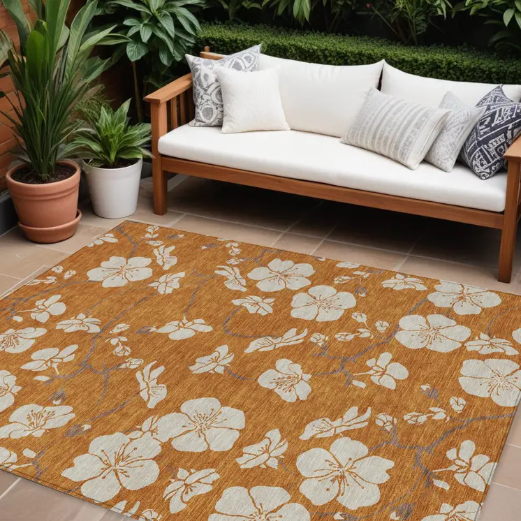 9' X 12' Copper Beige And Brown Floral Washable Indoor Outdoor Area Rug