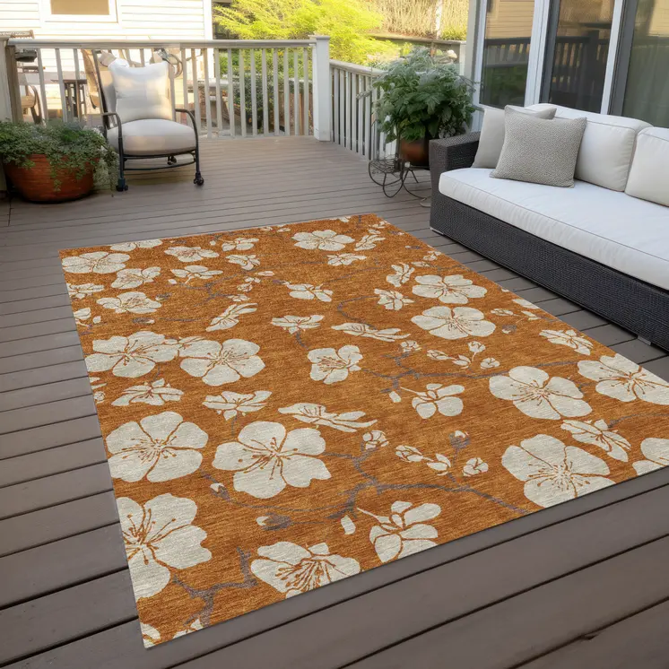 9' X 12' Copper Beige And Brown Floral Washable Indoor Outdoor Area Rug