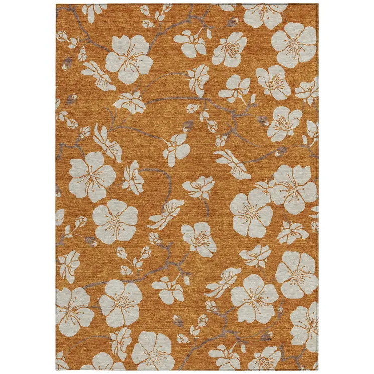 10' X 14' Copper Beige And Brown Floral Washable Indoor Outdoor Area Rug