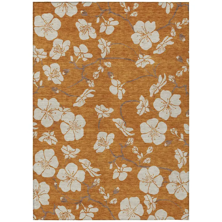 10' X 14' Copper Beige And Brown Floral Washable Indoor Outdoor Area Rug