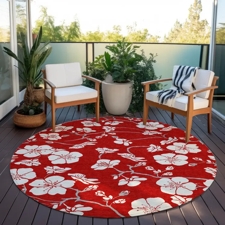 8' Red Ivory And Gray Round Floral Washable Indoor Outdoor Area Rug