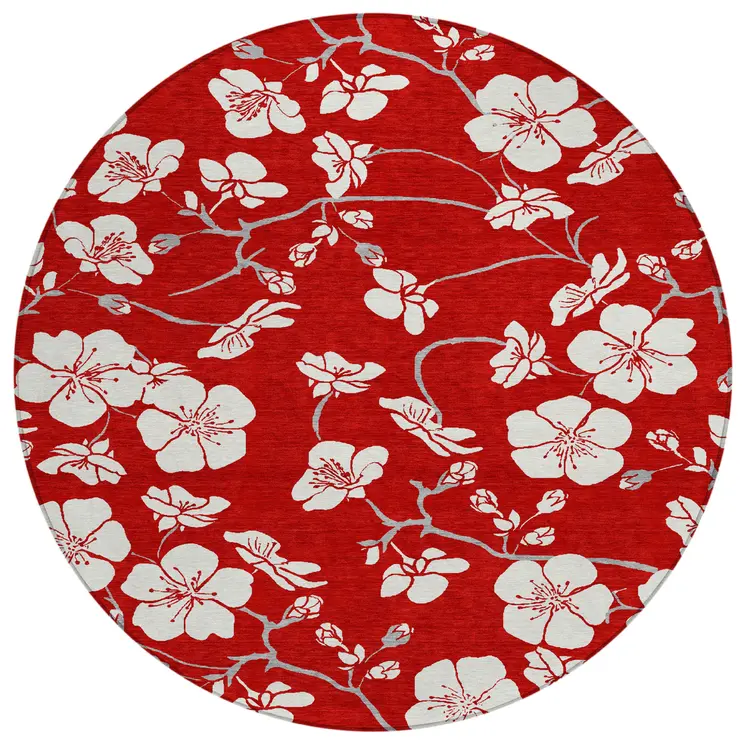 8' Red Ivory And Gray Round Floral Washable Indoor Outdoor Area Rug