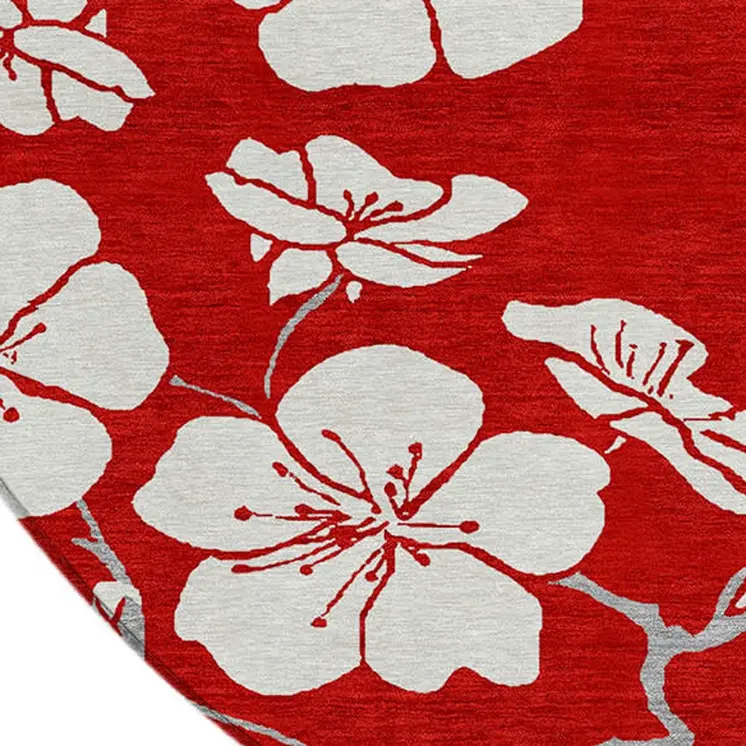 8' Red Ivory And Gray Round Floral Washable Indoor Outdoor Area Rug