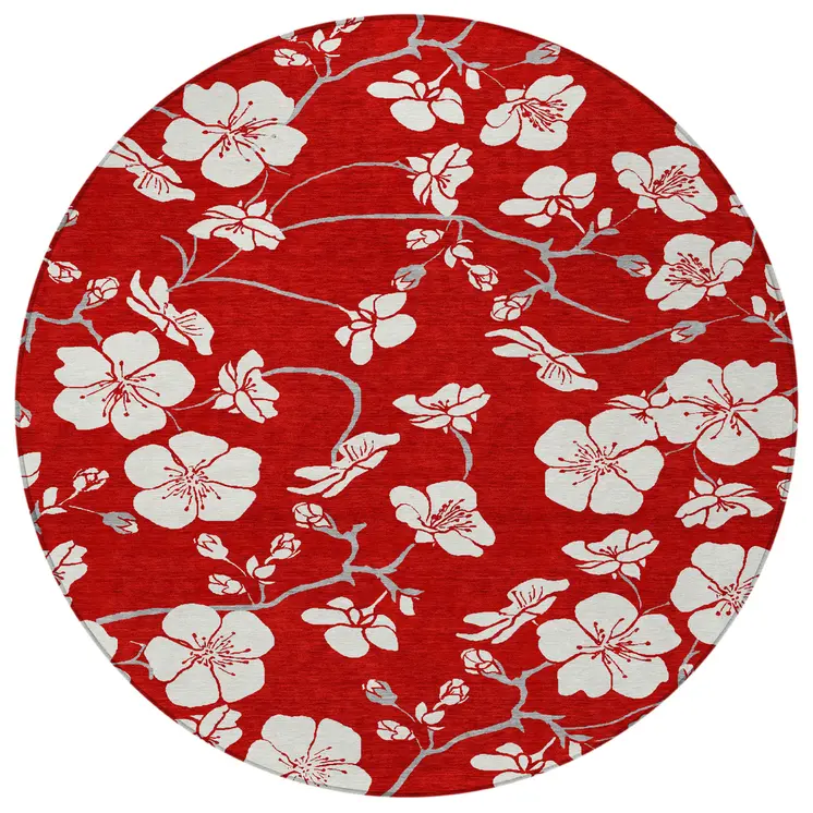 8' Red Ivory And Gray Round Floral Washable Indoor Outdoor Area Rug