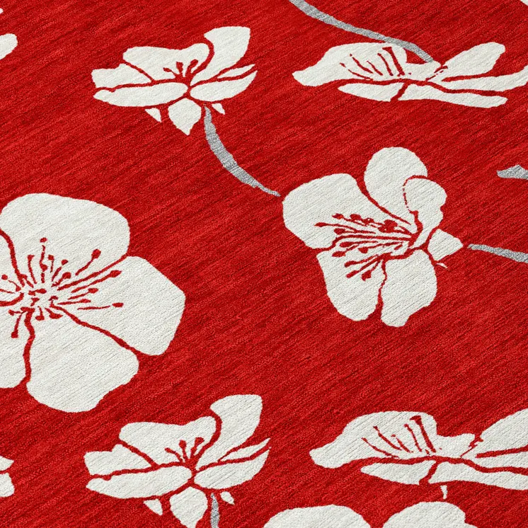 8' Red Ivory And Gray Round Floral Washable Indoor Outdoor Area Rug