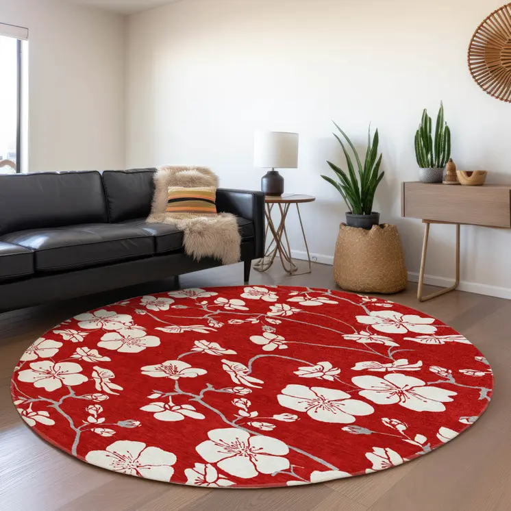 8' Red Ivory And Gray Round Floral Washable Indoor Outdoor Area Rug