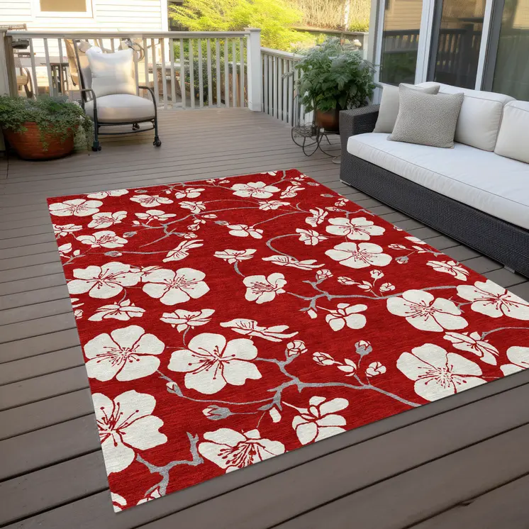 9' X 12' Red Ivory And Gray Floral Washable Indoor Outdoor Area Rug