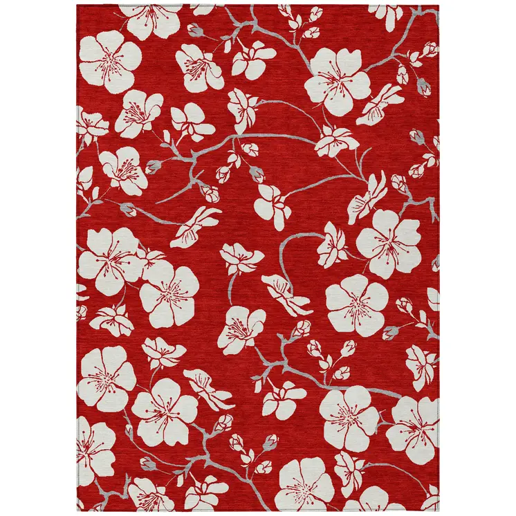 9' X 12' Red Ivory And Gray Floral Washable Indoor Outdoor Area Rug