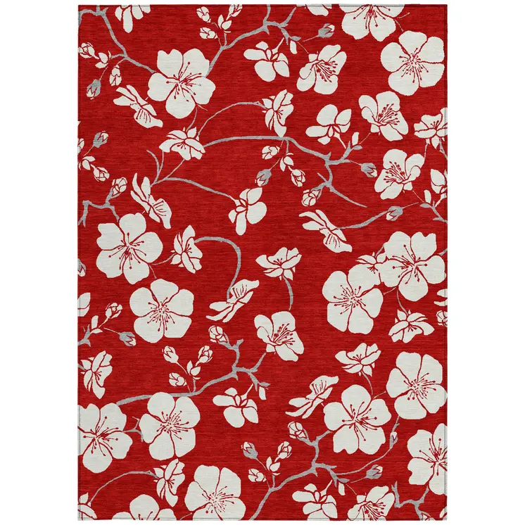 9' X 12' Red Ivory And Gray Floral Washable Indoor Outdoor Area Rug