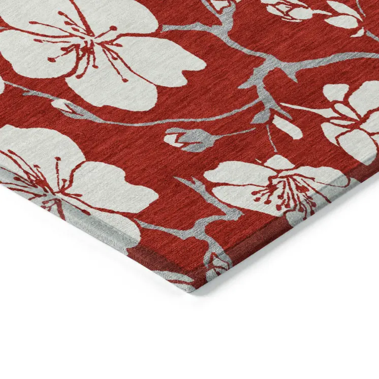 9' X 12' Red Ivory And Gray Floral Washable Indoor Outdoor Area Rug