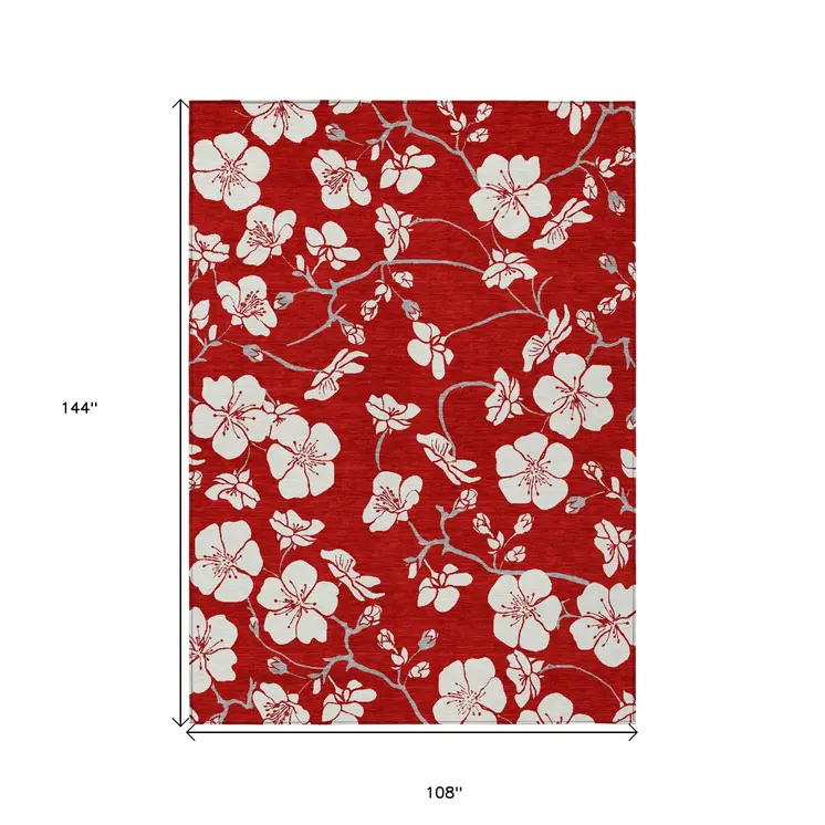 9' X 12' Red Ivory And Gray Floral Washable Indoor Outdoor Area Rug