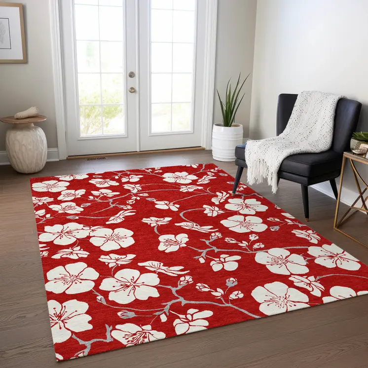9' X 12' Red Ivory And Gray Floral Washable Indoor Outdoor Area Rug