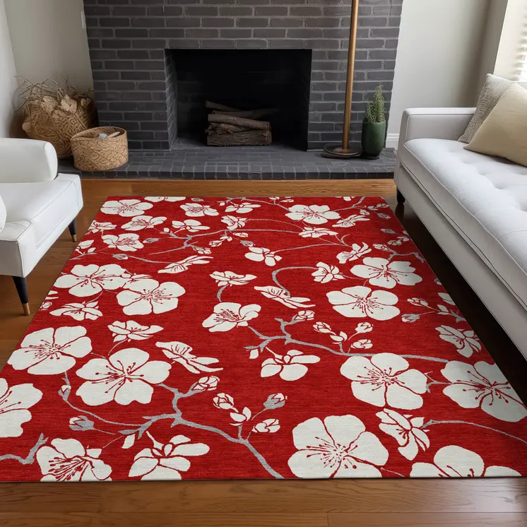 9' X 12' Red Ivory And Gray Floral Washable Indoor Outdoor Area Rug
