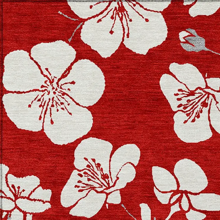 10' X 14' Red Ivory And Gray Floral Washable Indoor Outdoor Area Rug