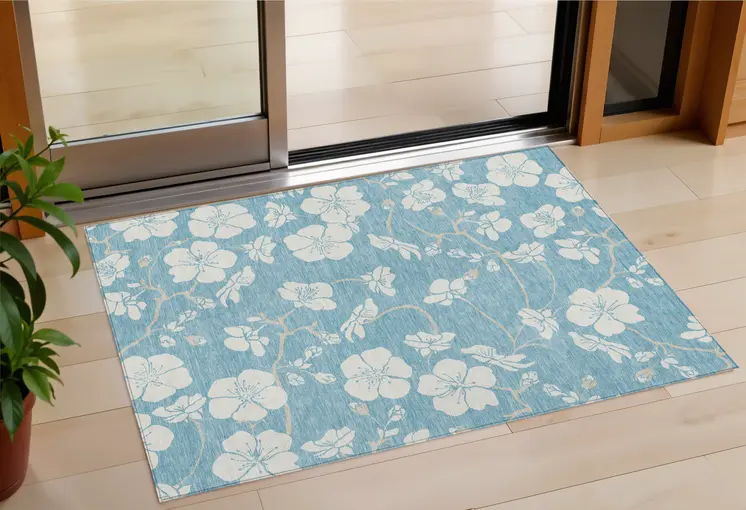 3' X 5' Sky Blue And Ivory Floral Washable Indoor Outdoor Area Rug