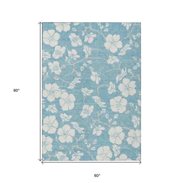 5' X 8' Sky Blue And Ivory Floral Washable Indoor Outdoor Area Rug