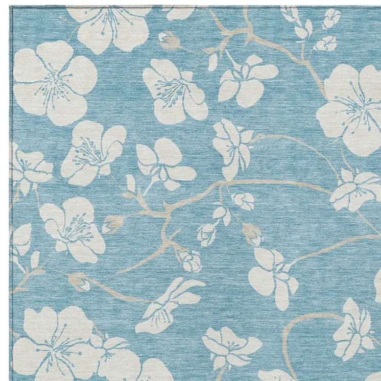 5' X 8' Sky Blue And Ivory Floral Washable Indoor Outdoor Area Rug
