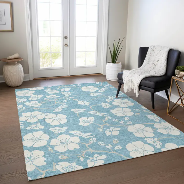5' X 8' Sky Blue And Ivory Floral Washable Indoor Outdoor Area Rug