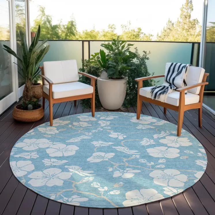 8' Sky Blue And Ivory Round Floral Washable Indoor Outdoor Area Rug