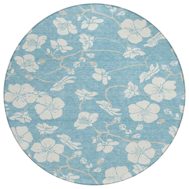 8' Sky Blue And Ivory Round Floral Washable Indoor Outdoor Area Rug