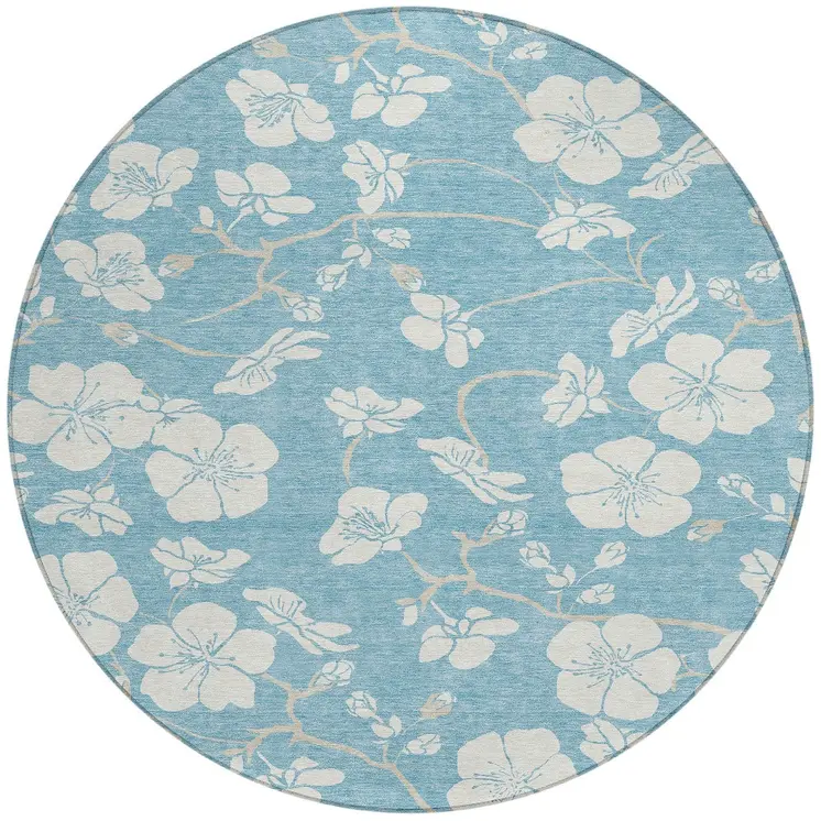 8' Sky Blue And Ivory Round Floral Washable Indoor Outdoor Area Rug