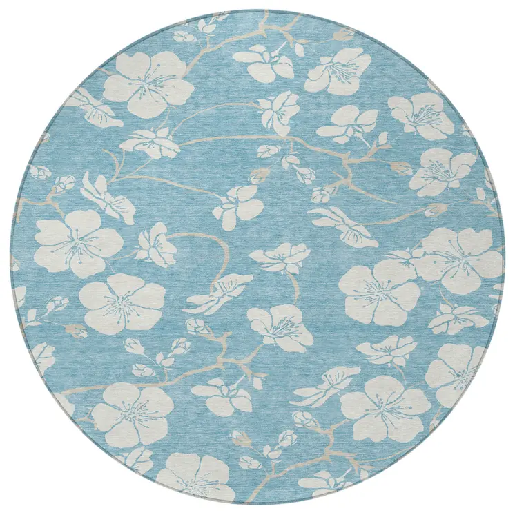 8' Sky Blue And Ivory Round Floral Washable Indoor Outdoor Area Rug
