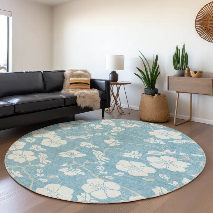 8' Sky Blue And Ivory Round Floral Washable Indoor Outdoor Area Rug