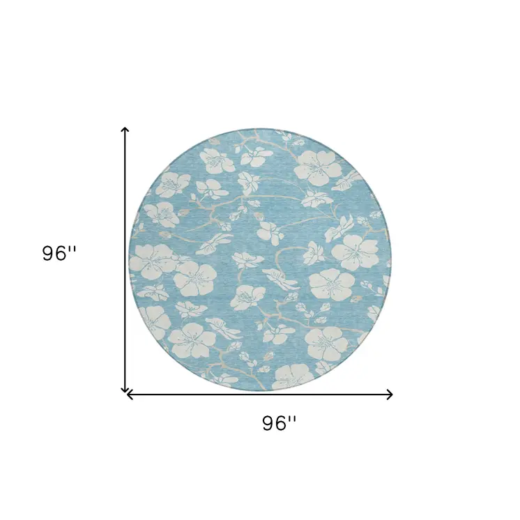 8' Sky Blue And Ivory Round Floral Washable Indoor Outdoor Area Rug