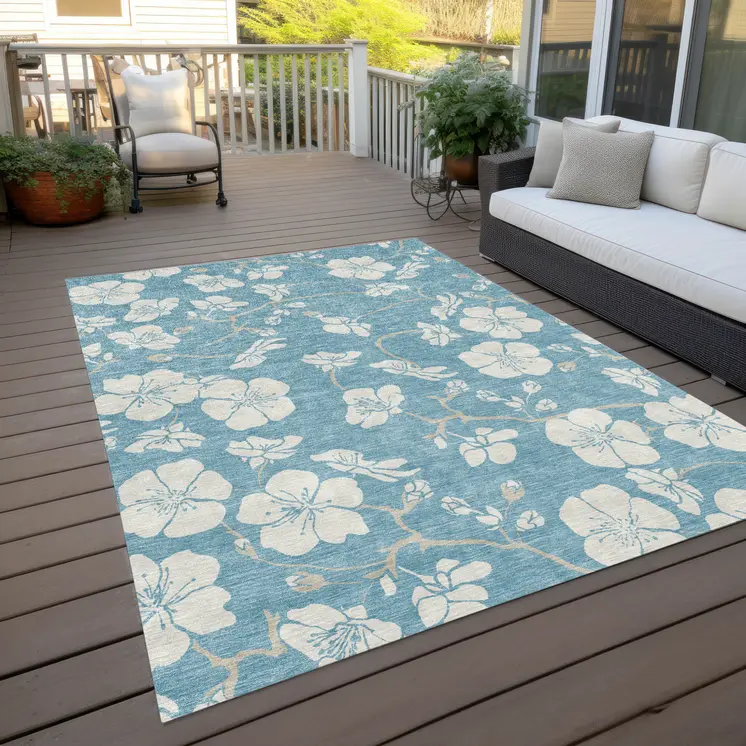 8' X 10' Sky Blue And Ivory Floral Washable Indoor Outdoor Area Rug