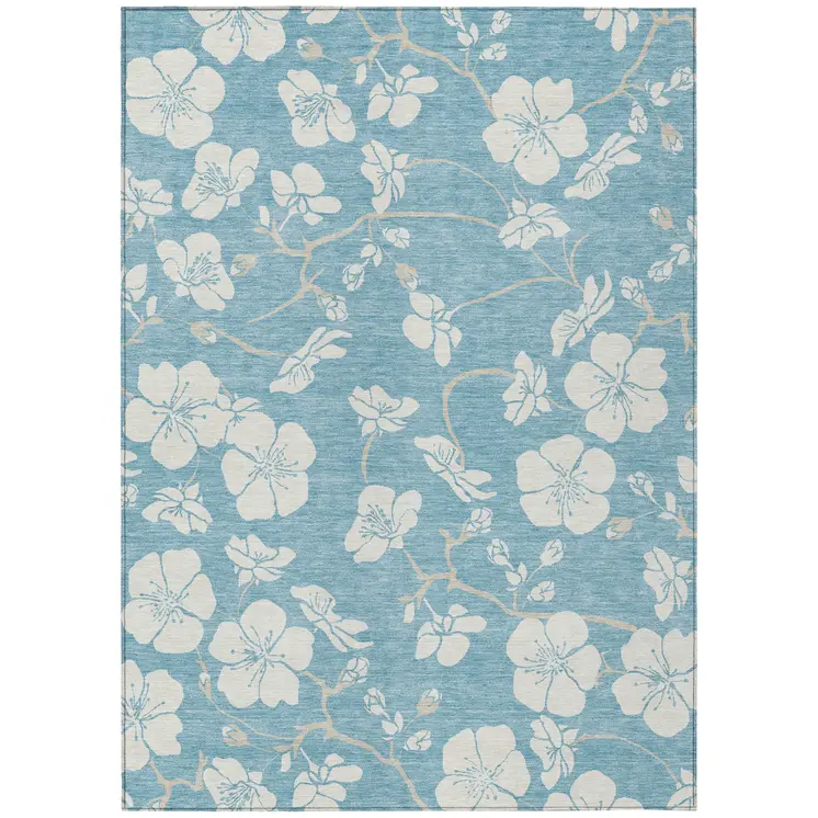 8' X 10' Sky Blue And Ivory Floral Washable Indoor Outdoor Area Rug