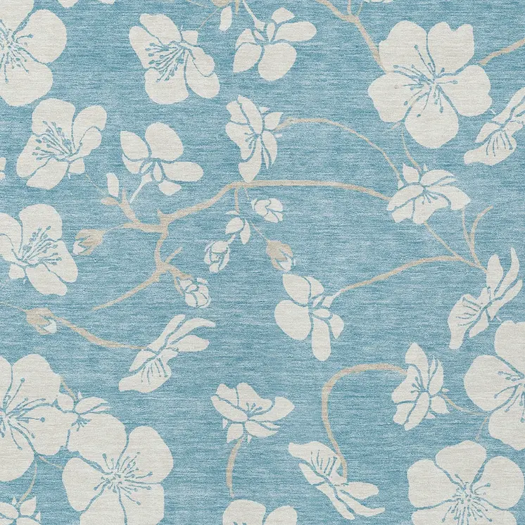 8' X 10' Sky Blue And Ivory Floral Washable Indoor Outdoor Area Rug
