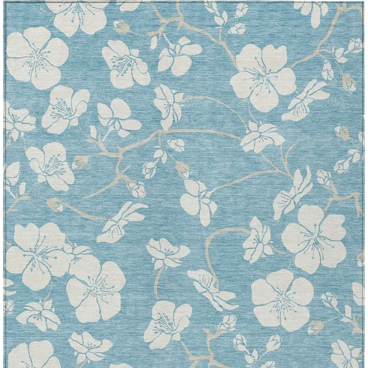8' X 10' Sky Blue And Ivory Floral Washable Indoor Outdoor Area Rug