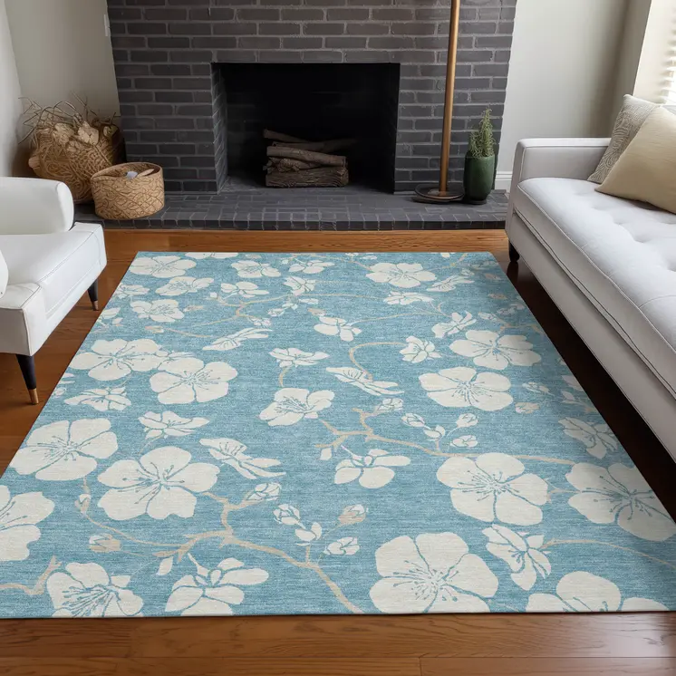 8' X 10' Sky Blue And Ivory Floral Washable Indoor Outdoor Area Rug