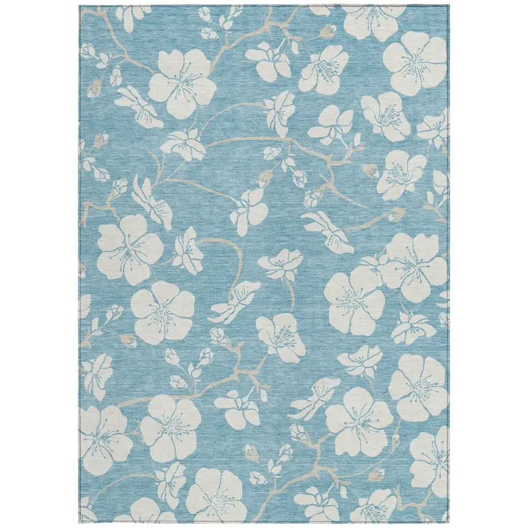 10' X 14' Sky Blue And Ivory Floral Washable Indoor Outdoor Area Rug
