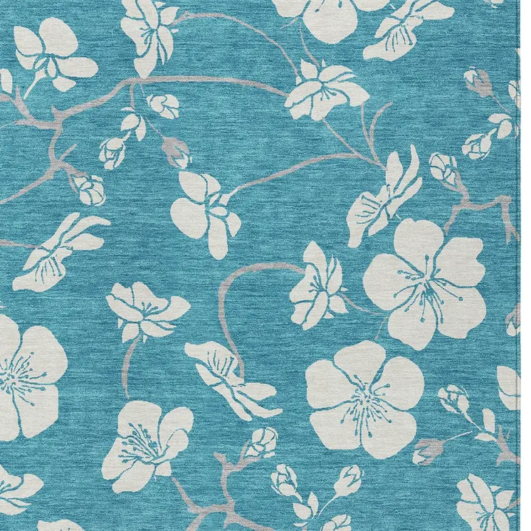 3' X 5' Turquoise Ivory And Gray Floral Washable Indoor Outdoor Area Rug