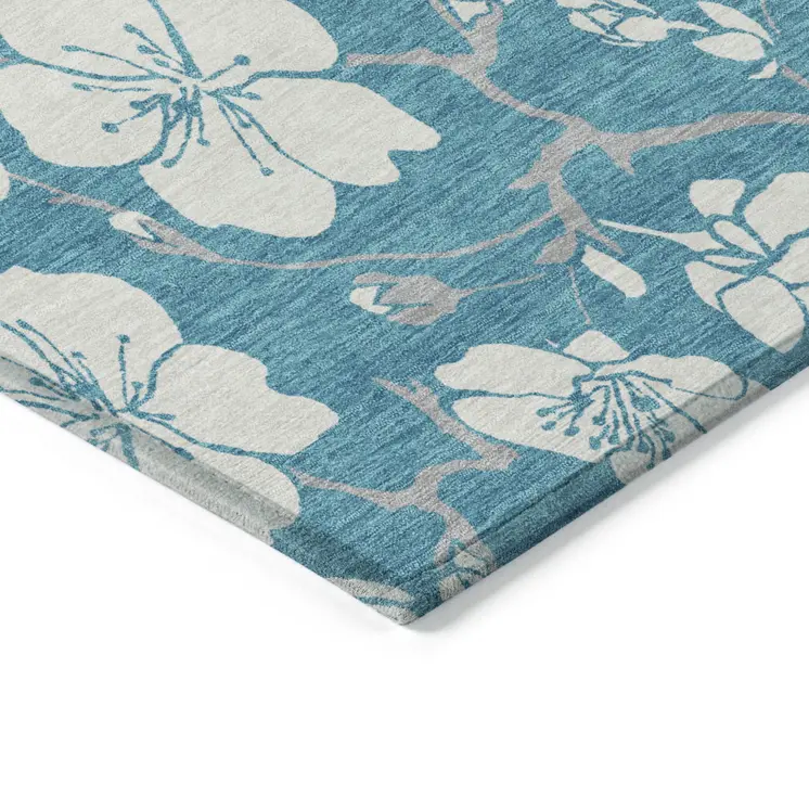 5' X 8' Turquoise Ivory And Gray Floral Washable Indoor Outdoor Area Rug