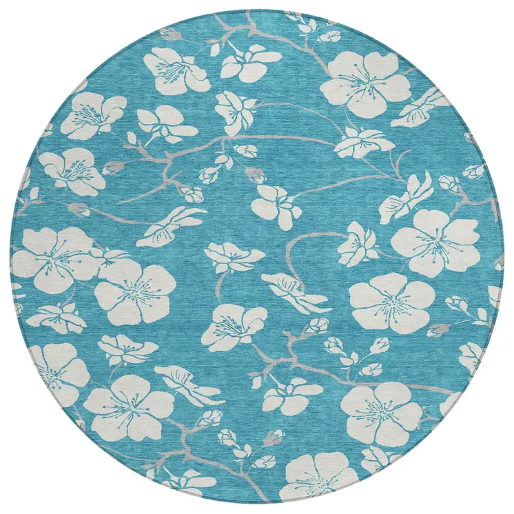 8' Turquoise Ivory And Gray Round Floral Washable Indoor Outdoor Area Rug