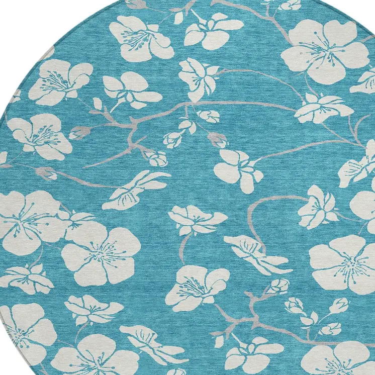 8' Turquoise Ivory And Gray Round Floral Washable Indoor Outdoor Area Rug