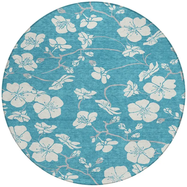 8' Turquoise Ivory And Gray Round Floral Washable Indoor Outdoor Area Rug