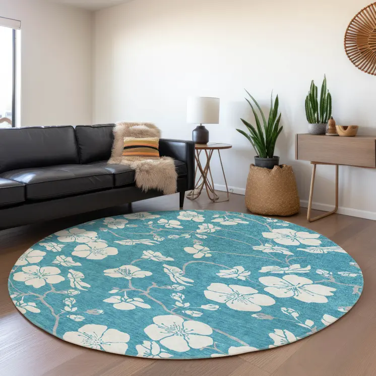 8' Turquoise Ivory And Gray Round Floral Washable Indoor Outdoor Area Rug
