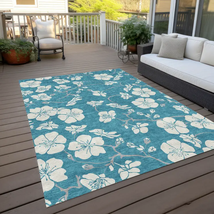 9' X 12' Turquoise Ivory And Gray Floral Washable Indoor Outdoor Area Rug
