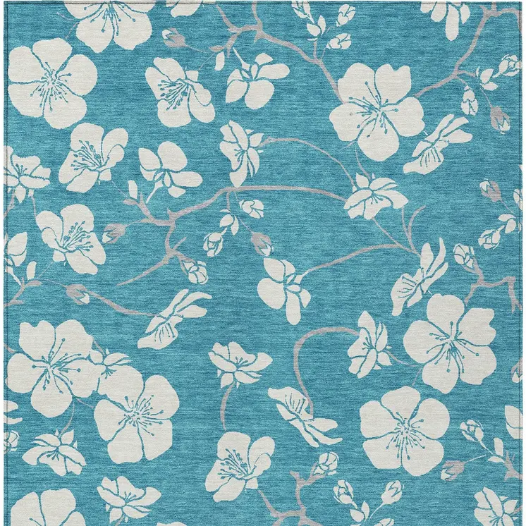 9' X 12' Turquoise Ivory And Gray Floral Washable Indoor Outdoor Area Rug