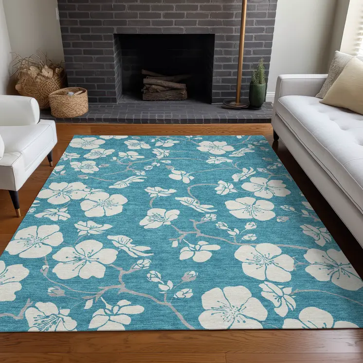 9' X 12' Turquoise Ivory And Gray Floral Washable Indoor Outdoor Area Rug