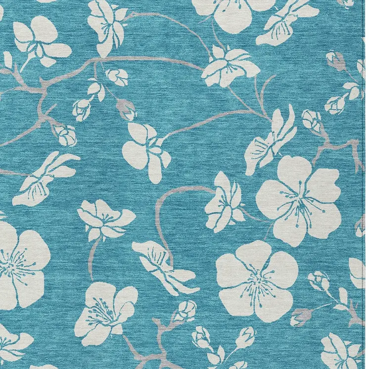 10' X 14' Turquoise Ivory And Gray Floral Washable Indoor Outdoor Area Rug