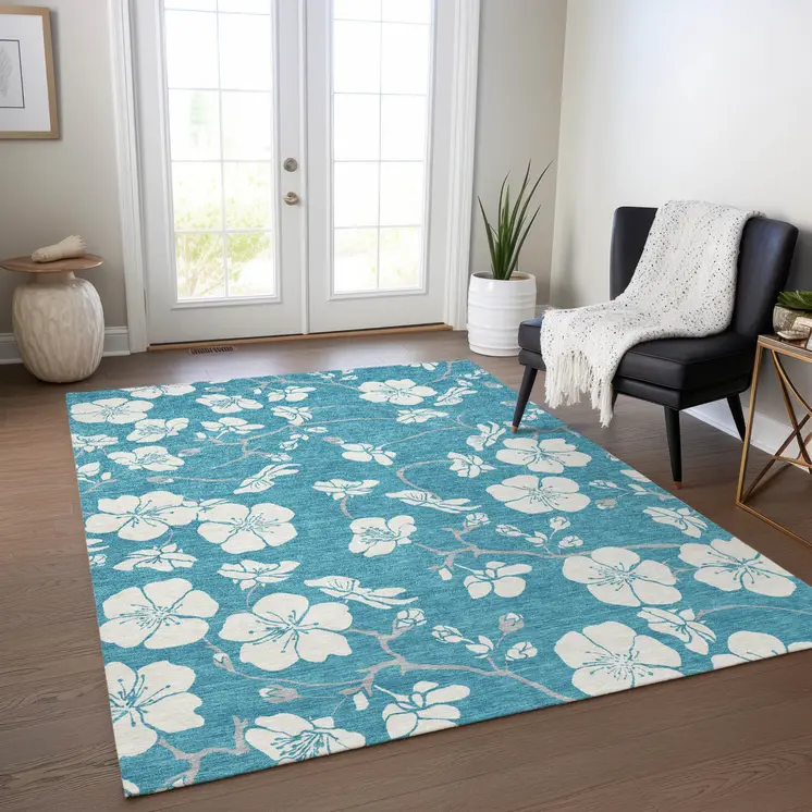 10' X 14' Turquoise Ivory And Gray Floral Washable Indoor Outdoor Area Rug