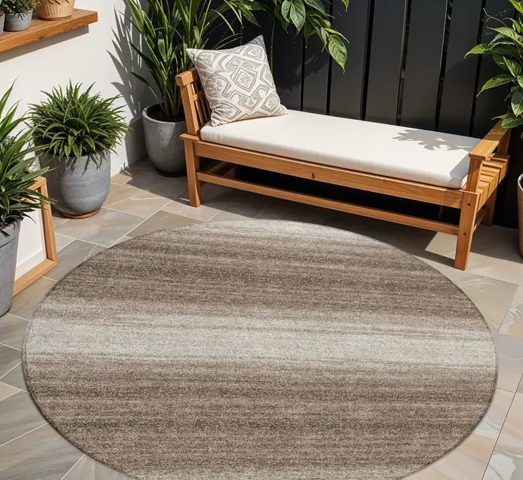 8' Brown And Beige Round Abstract Washable Indoor Outdoor Area Rug