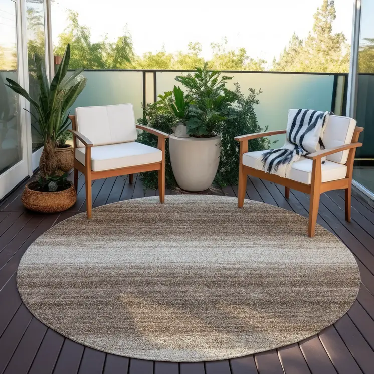8' Brown And Beige Round Abstract Washable Indoor Outdoor Area Rug