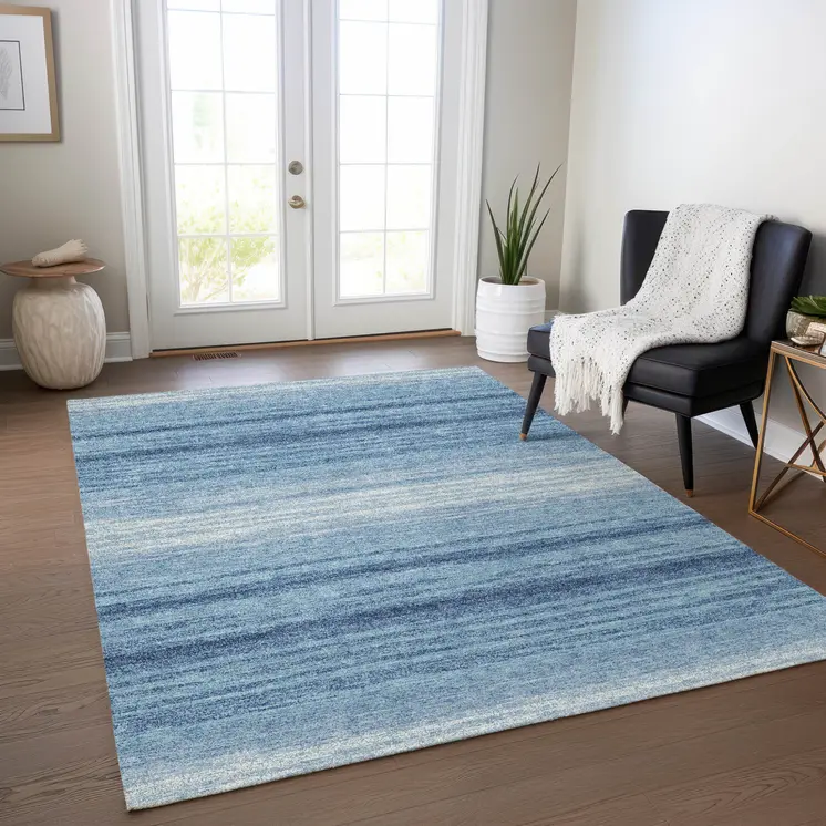 3' X 5' Blue And Ivory Abstract Washable Indoor Outdoor Area Rug